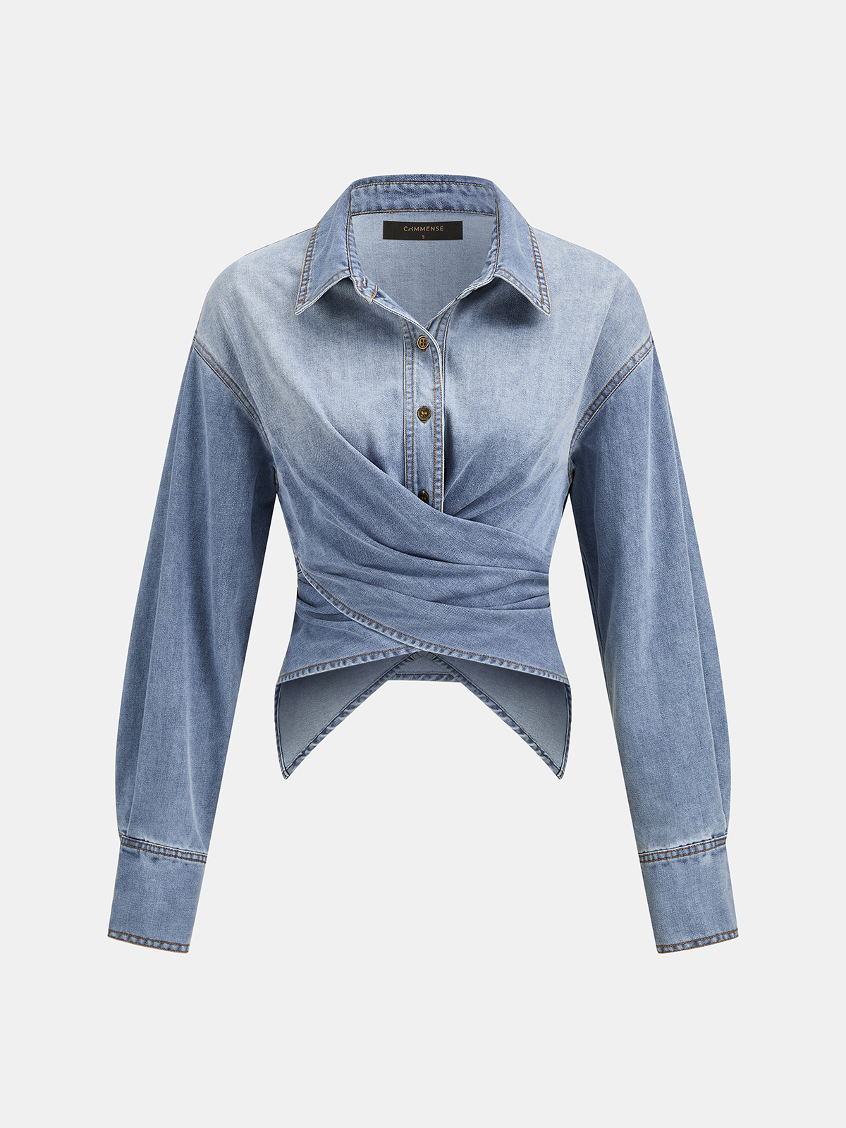 Cross-Waist Long Sleeve Denim Shirt for Women, Casual Style Comfort Fit