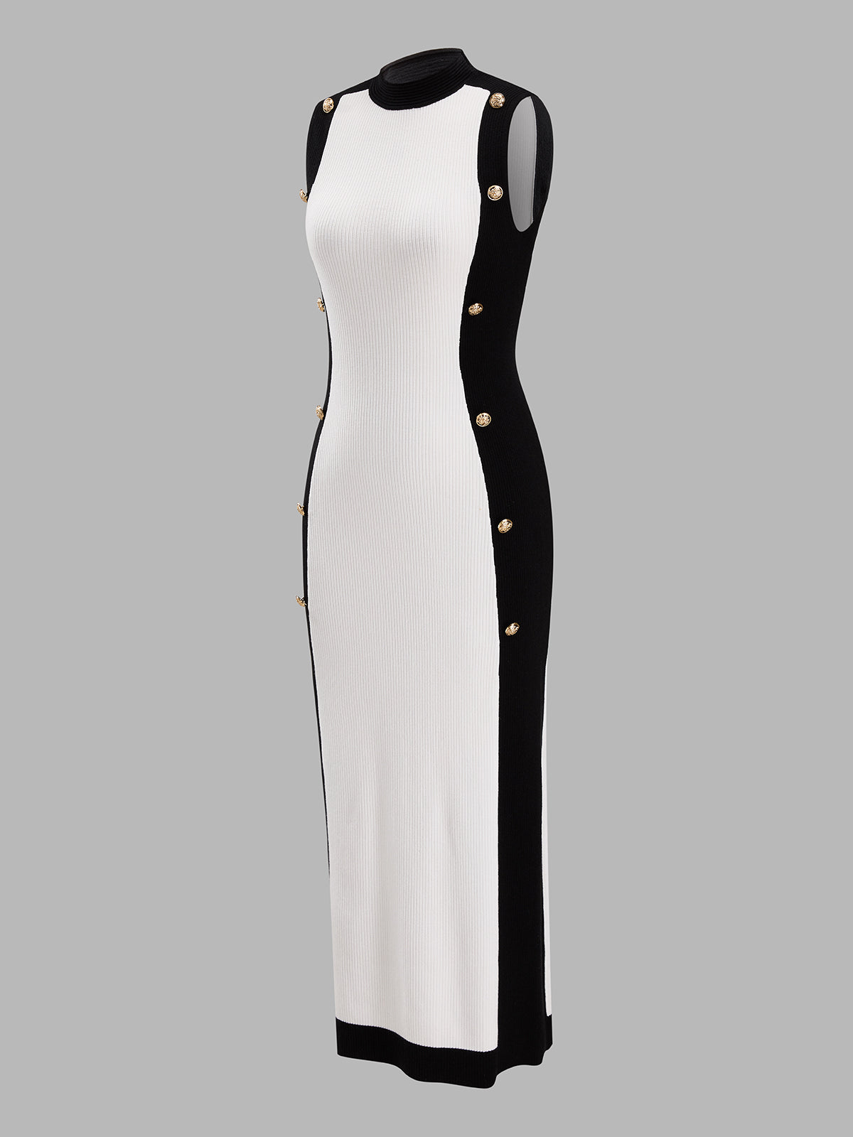 Color-Block Metal Detail Knit Midi Dress with Belted Waist