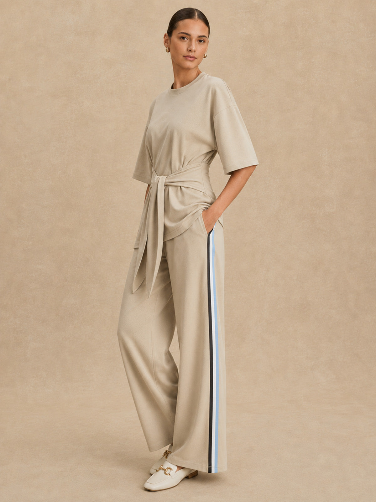 Tie Waist Striped Wide Leg Co-Ord Set for Women Summer Casual