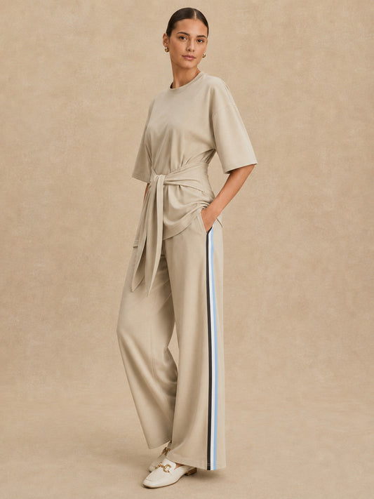 Tie Waist Striped Wide Leg Co-Ord Set for Women Summer Casual