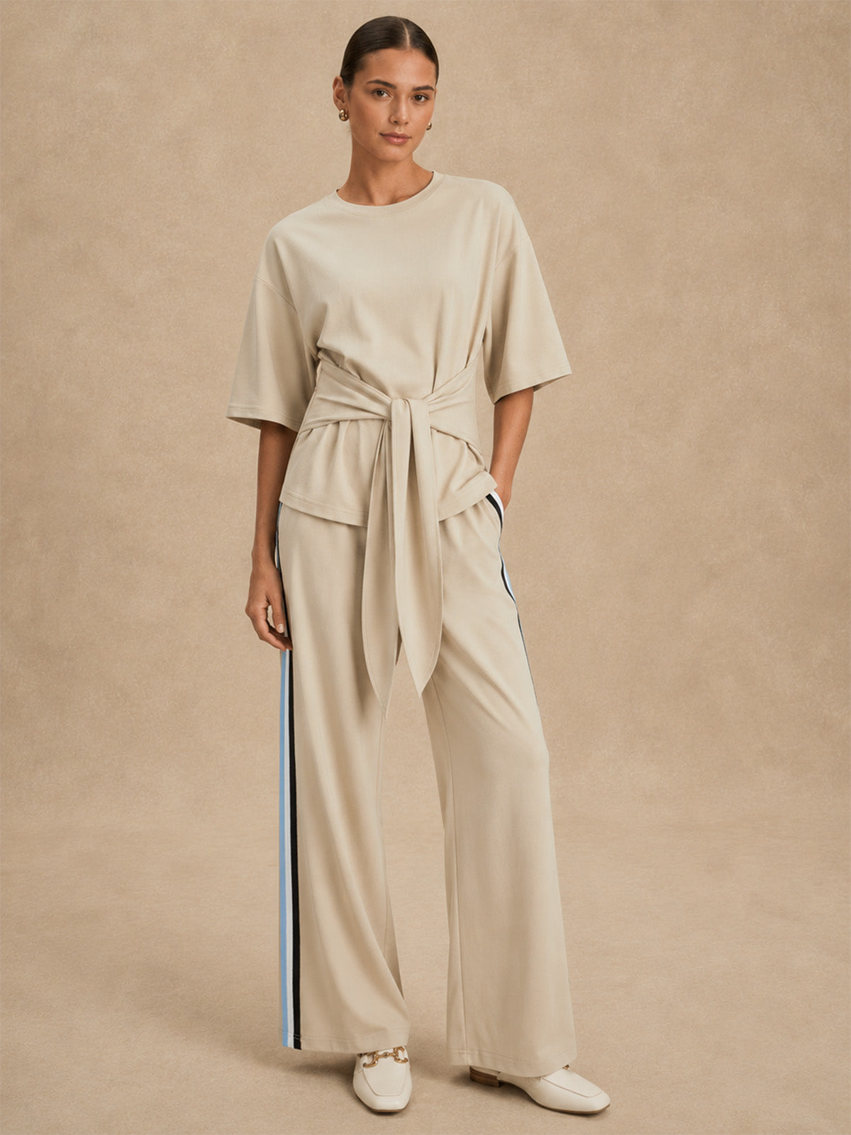 Tie Waist Striped Wide Leg Co-Ord Set for Women Summer Casual
