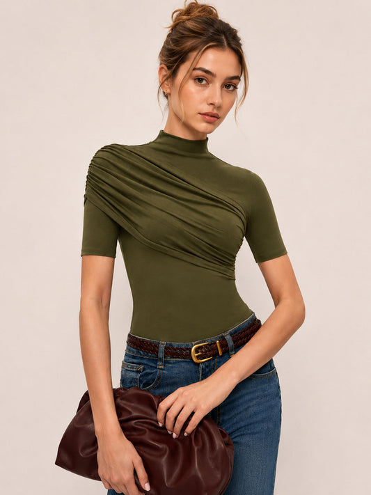 Asymmetric Ruched High Neck Top with Long Sleeves for Women