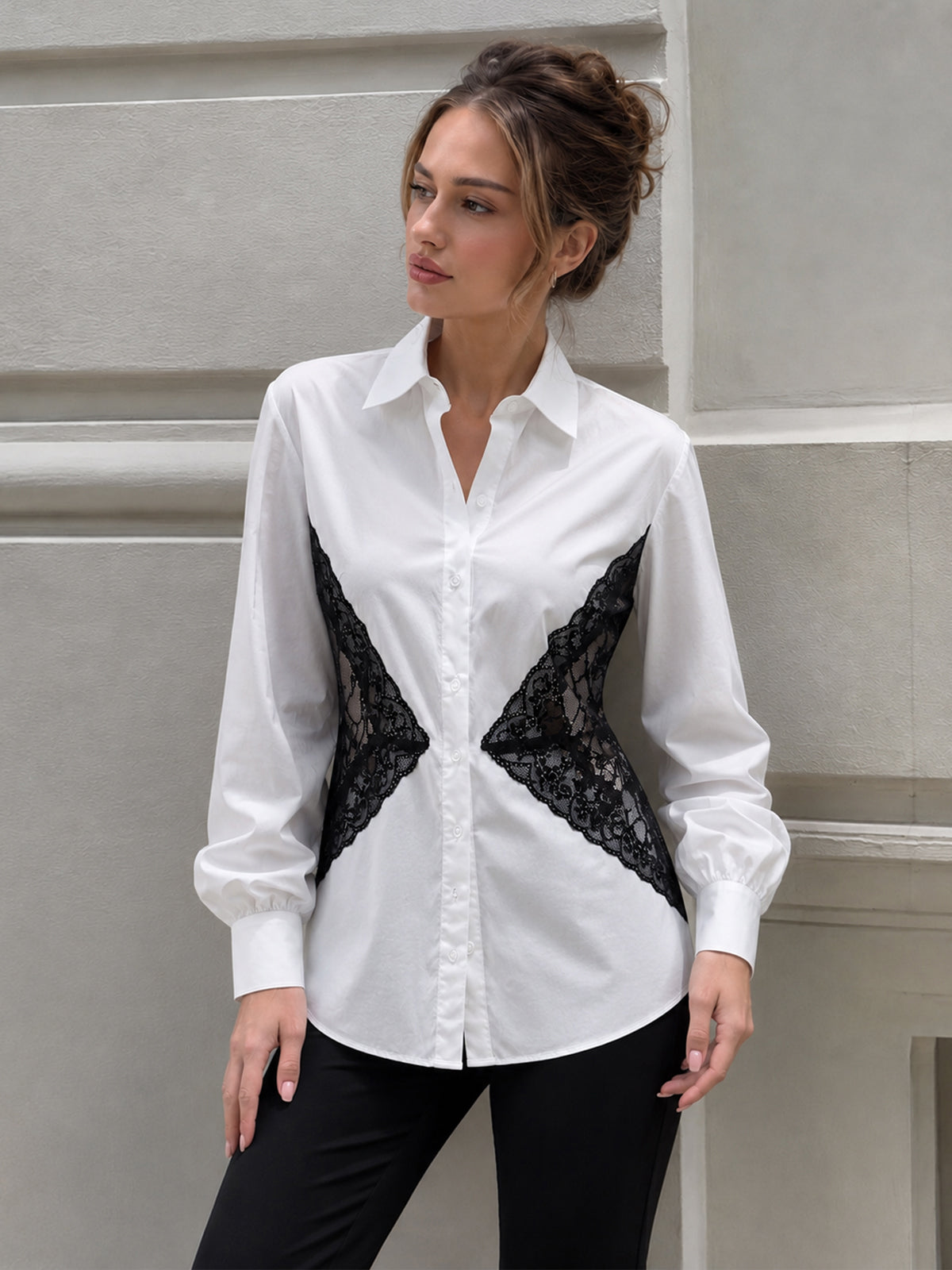 Contrast Lace Waist Shirt Elegant Feminine Tailored Design