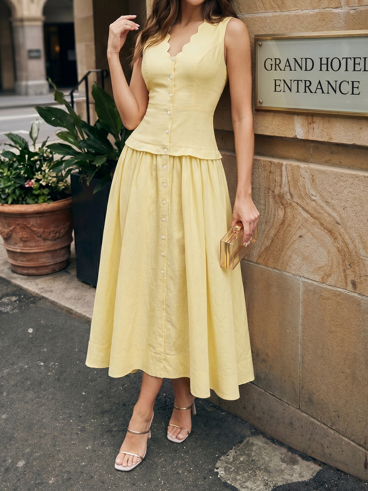 Button Front Sleeveless Cotton Linen Midi Dress for Women Summer Casual