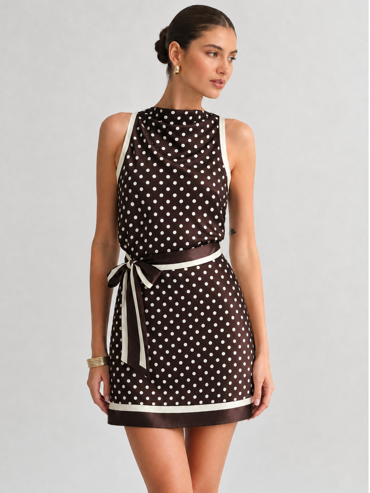 Polka Dot Tie-Waist Satin Mini Dress with Ruffled Hem Detail