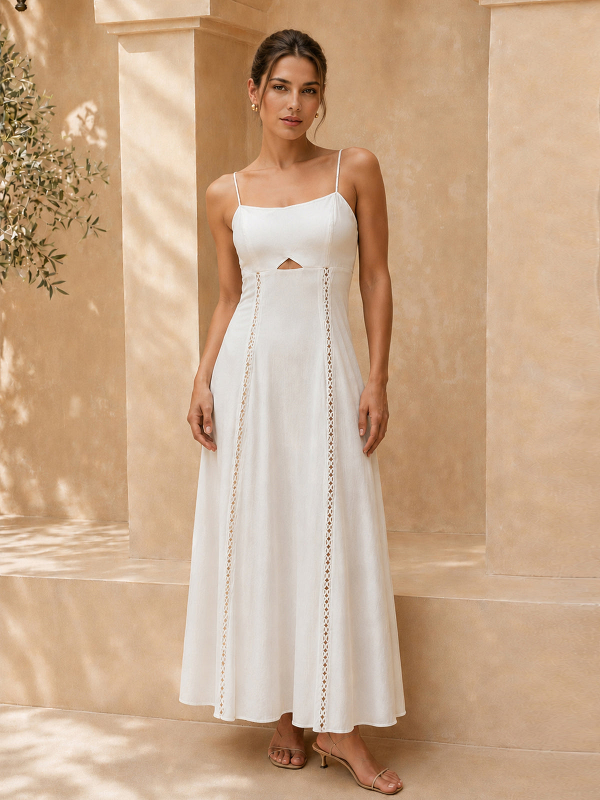 Front Cutout Eyelet Lace Slip Maxi Dress for Women, Elegant Long Summer Gown