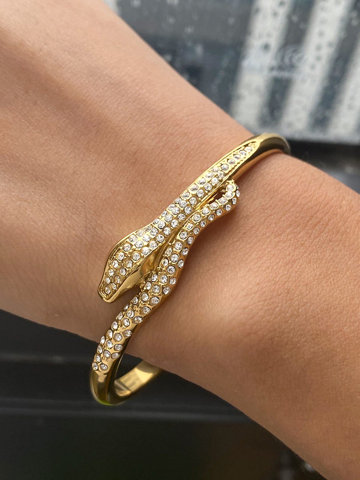Snake Design Rhinestone Cuff Bangle Adjustable Elegant Bracelet