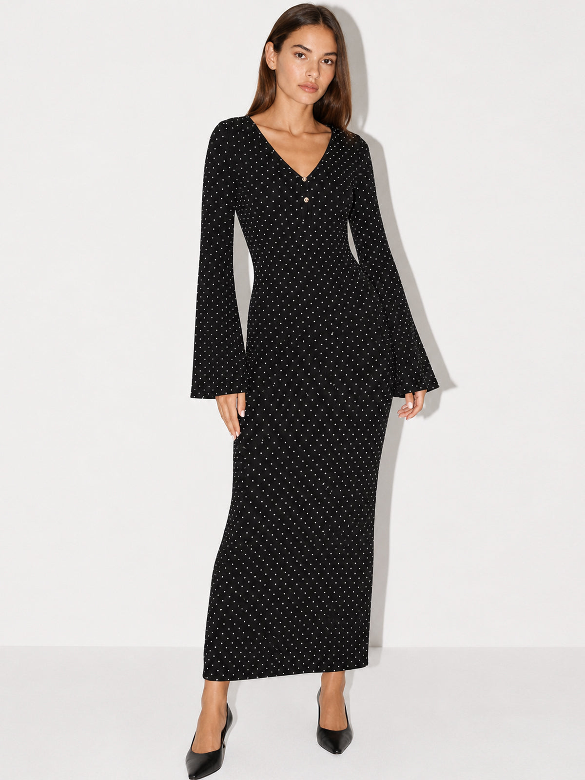Flare Sleeve Polka Dot Midi Dress Trendy and Vintage Style