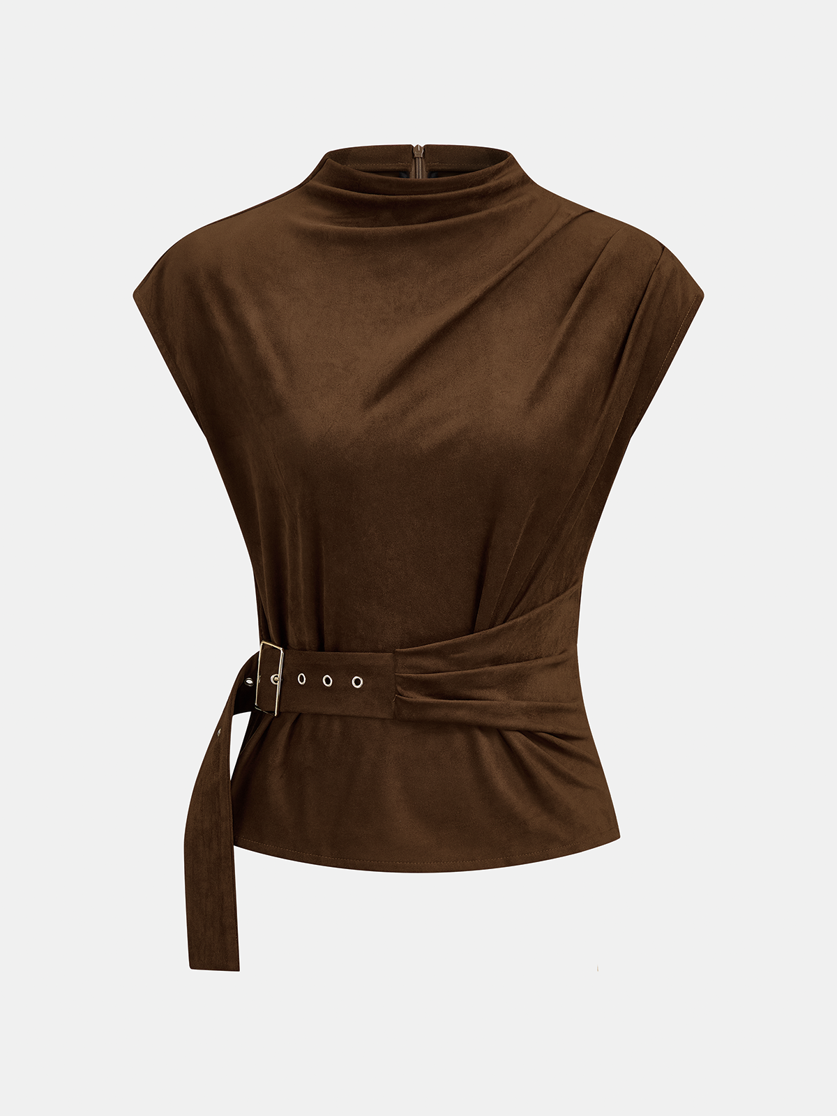 Buckle Waist Cap Sleeve Suede Effect Women's Blouse Casual Work Top