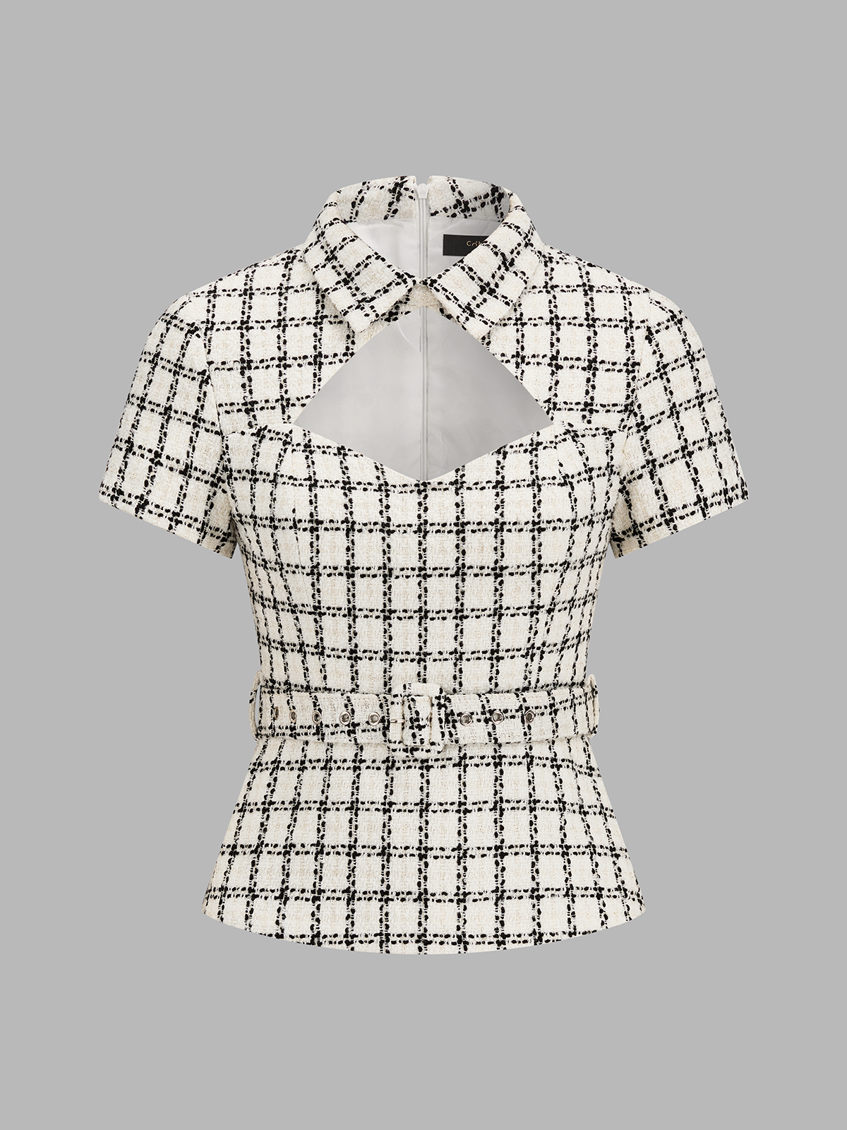 Wool Blend Check Cutout Belted Shirt for Stylish Layering Options