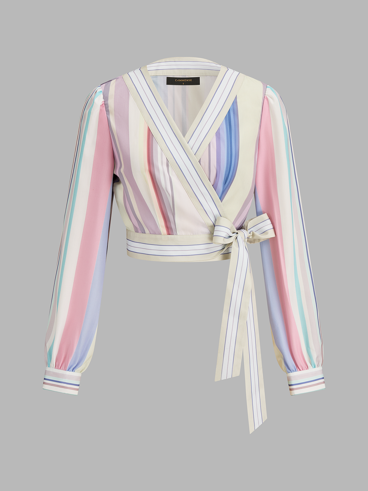 Color Block Stripe Wrap Tie-Waist Blouse with V-Neck and Long Sleeves