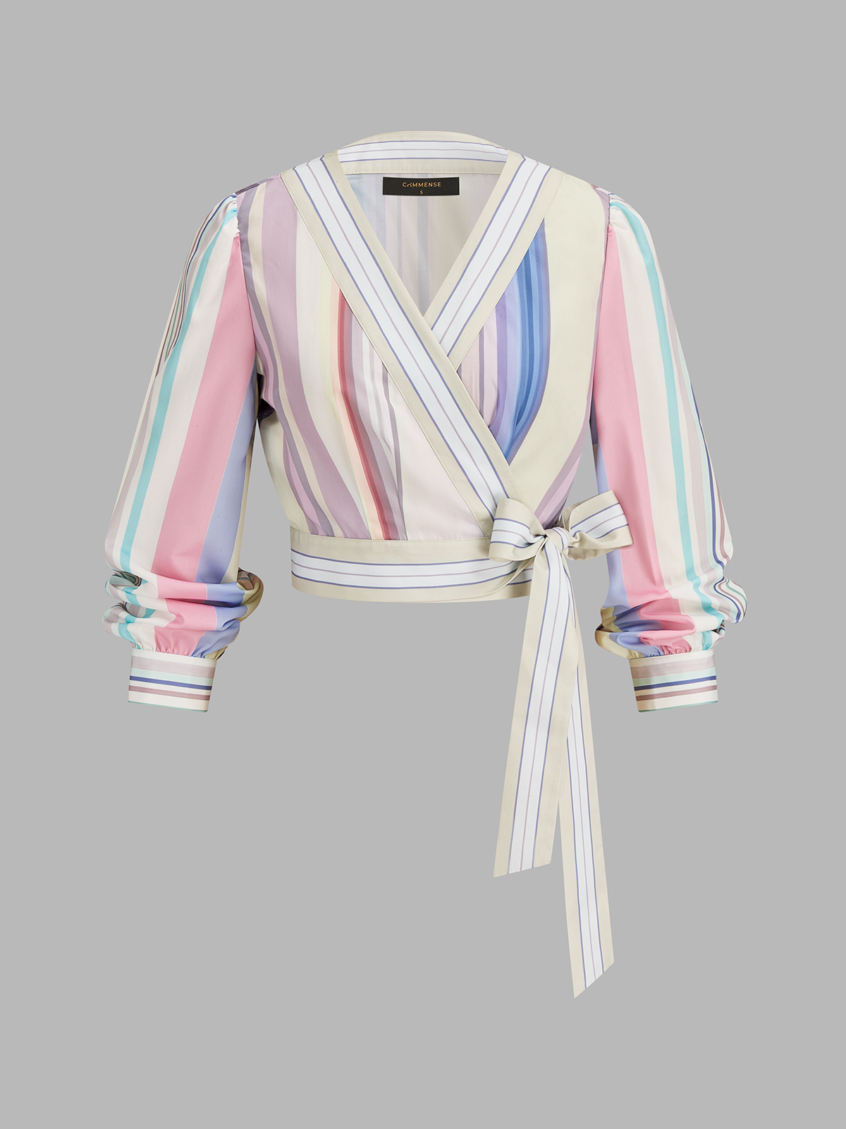 Color Block Stripe Wrap Tie-Waist Blouse with V-Neck and Long Sleeves