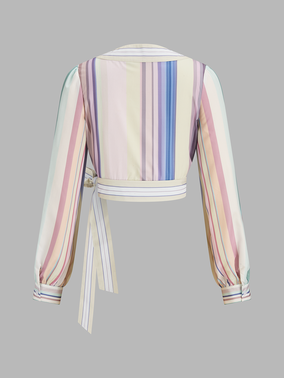 Color Block Stripe Wrap Tie-Waist Blouse with V-Neck and Long Sleeves