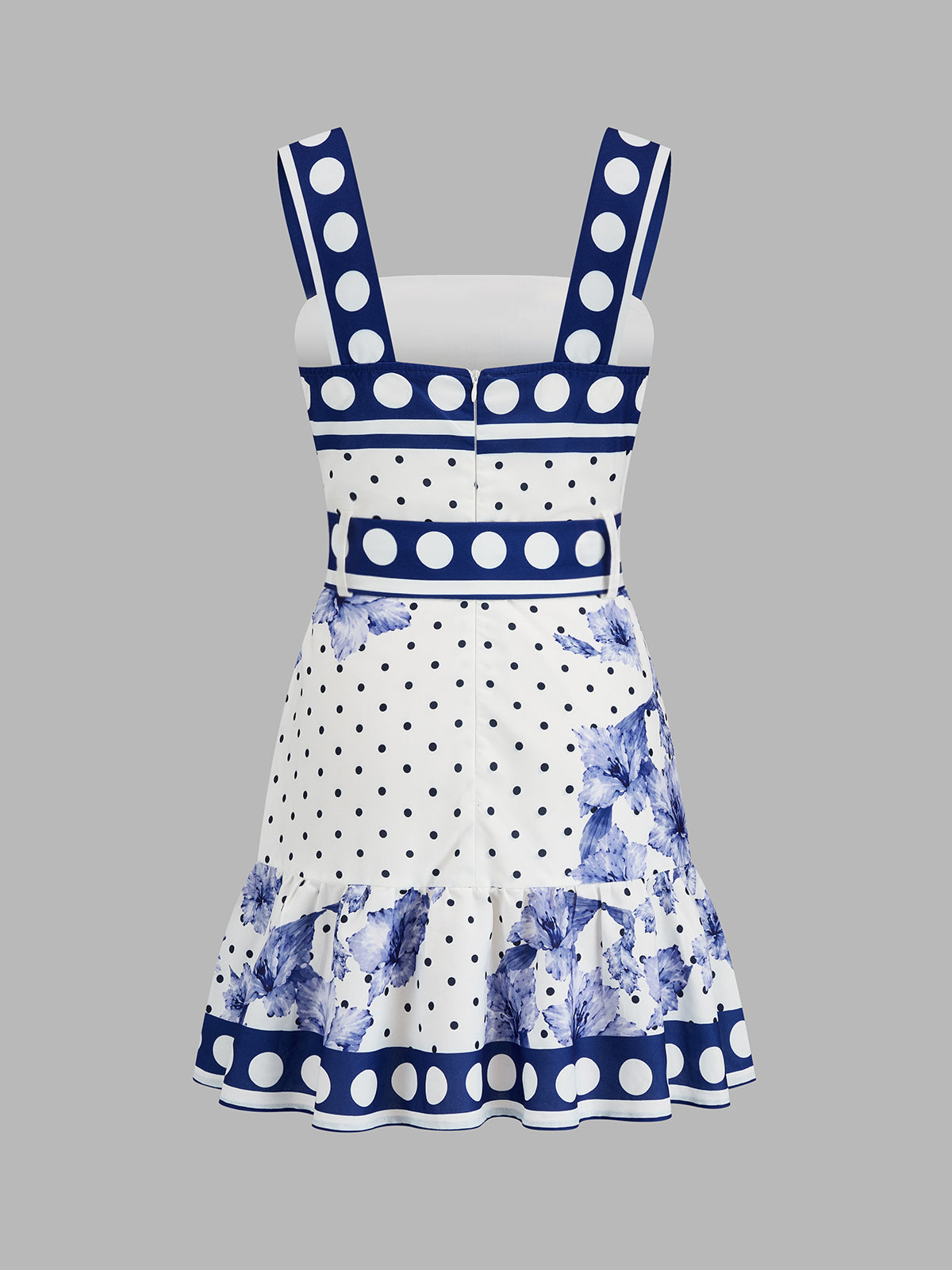 Polka Dot Floral Belted Mini Dress with Ruffled Sleeves and V-Neck