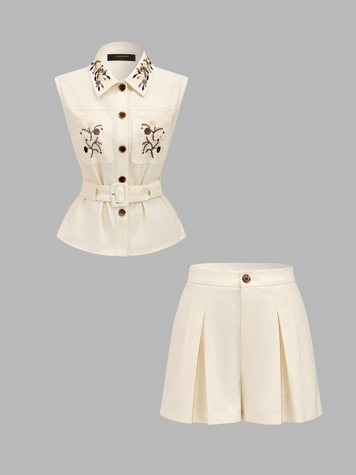 Floral Embroidery Belted Vest & Shorts Set for Women's Casual Wear