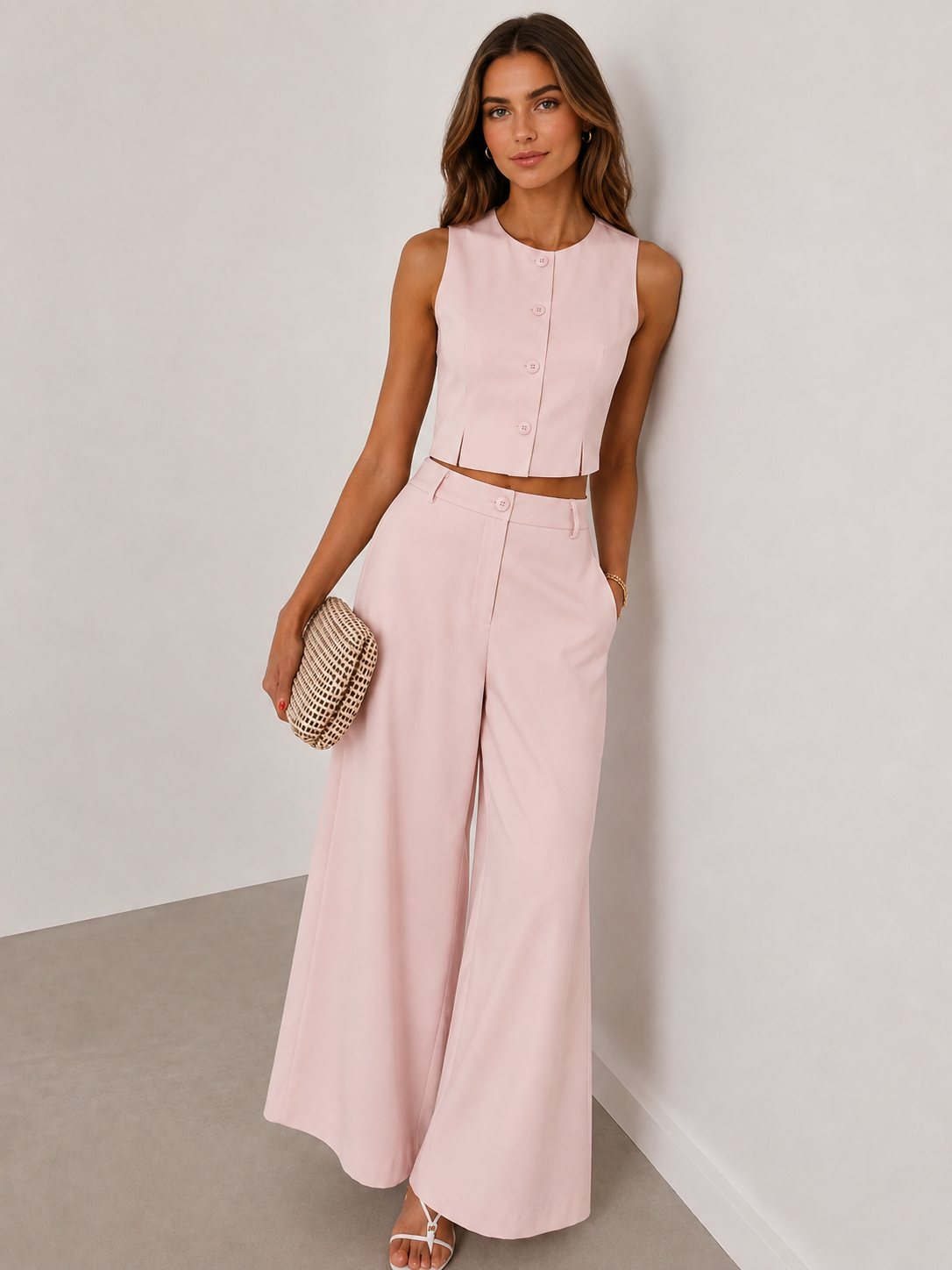 Tailored Crop Vest & Wide-Leg Pants Set for Women Summer Chic