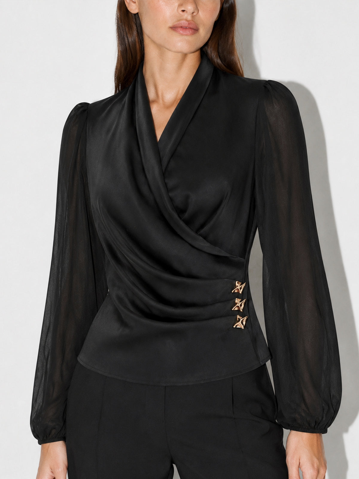 Metal Accent Sheer Sleeve Wrap Blouse for Women, Elegant Evening Wear
