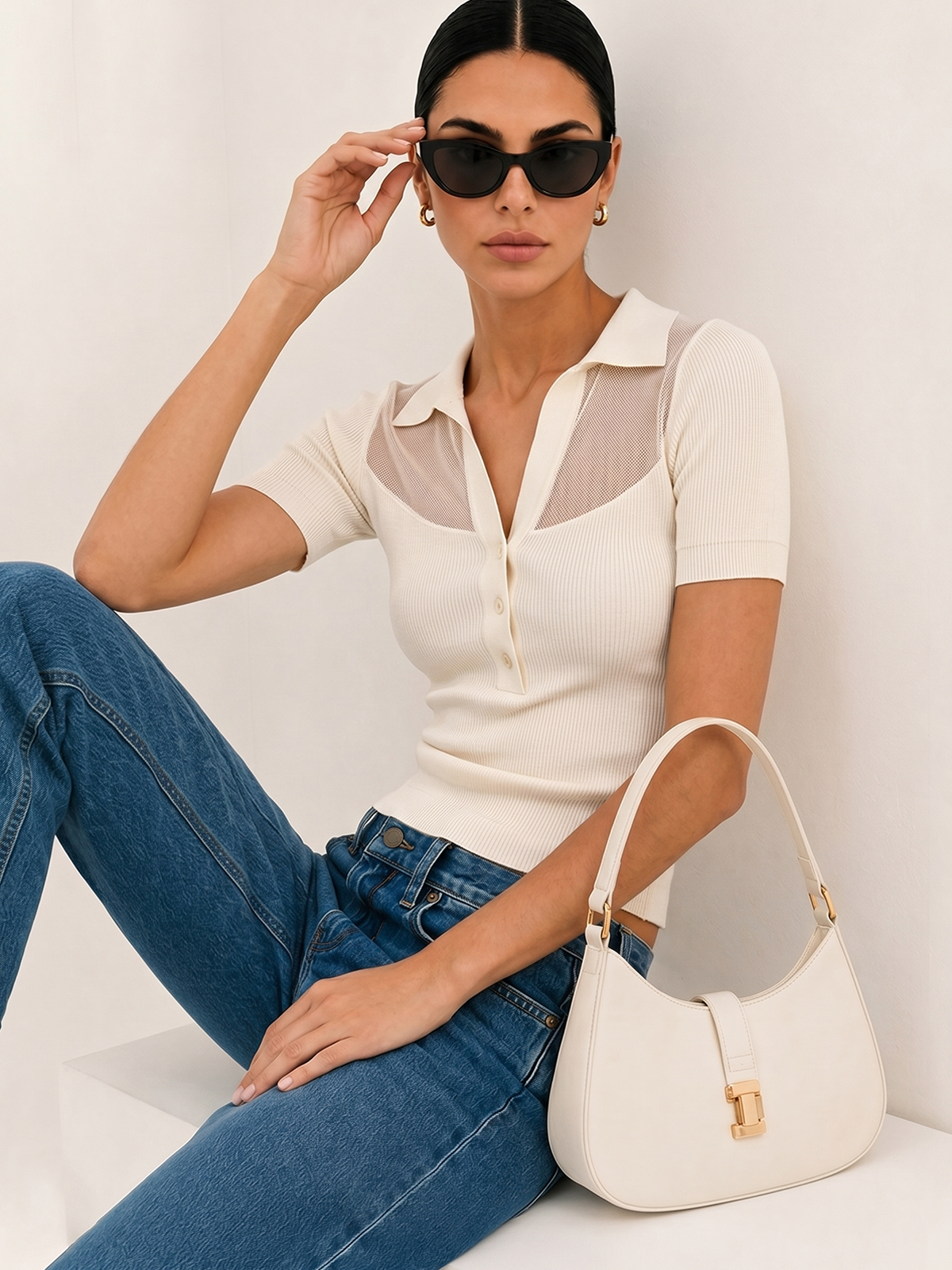 Polo Collar Sheer Panel Knit Top for Women Lightweight Long Sleeve