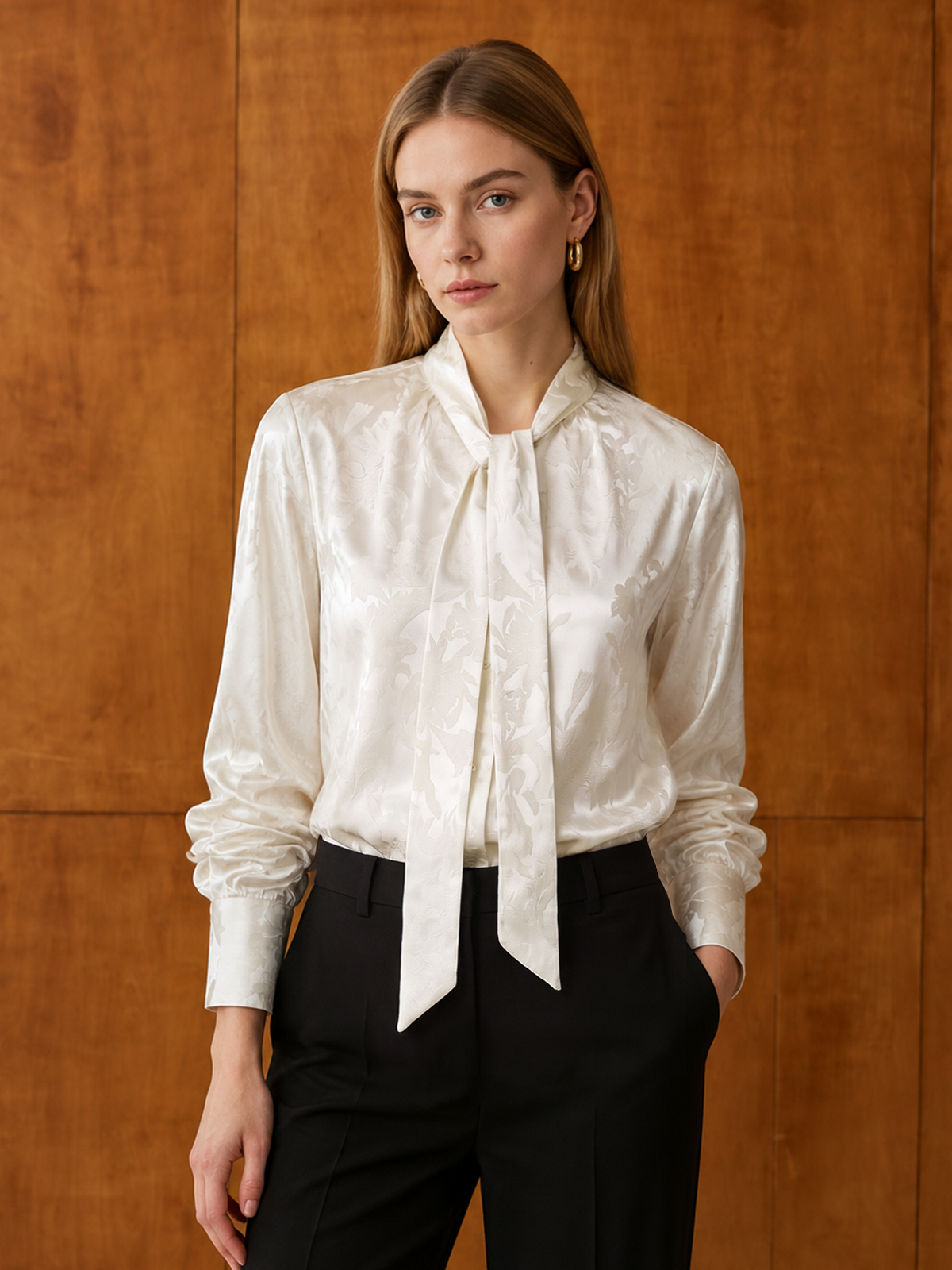 Jacquard Tie‑Neck Long Sleeve Blouse Elegant Womens Office Wear