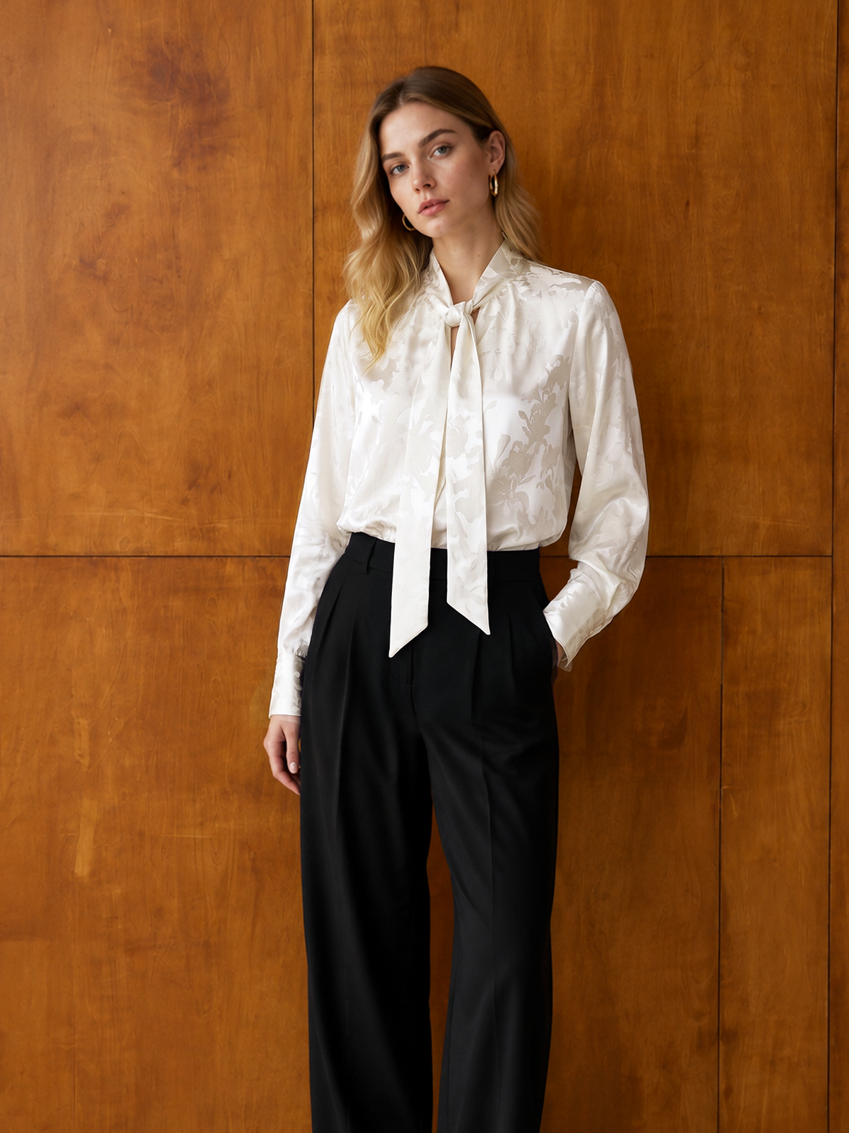 Jacquard Tie‑Neck Long Sleeve Blouse Elegant Womens Office Wear