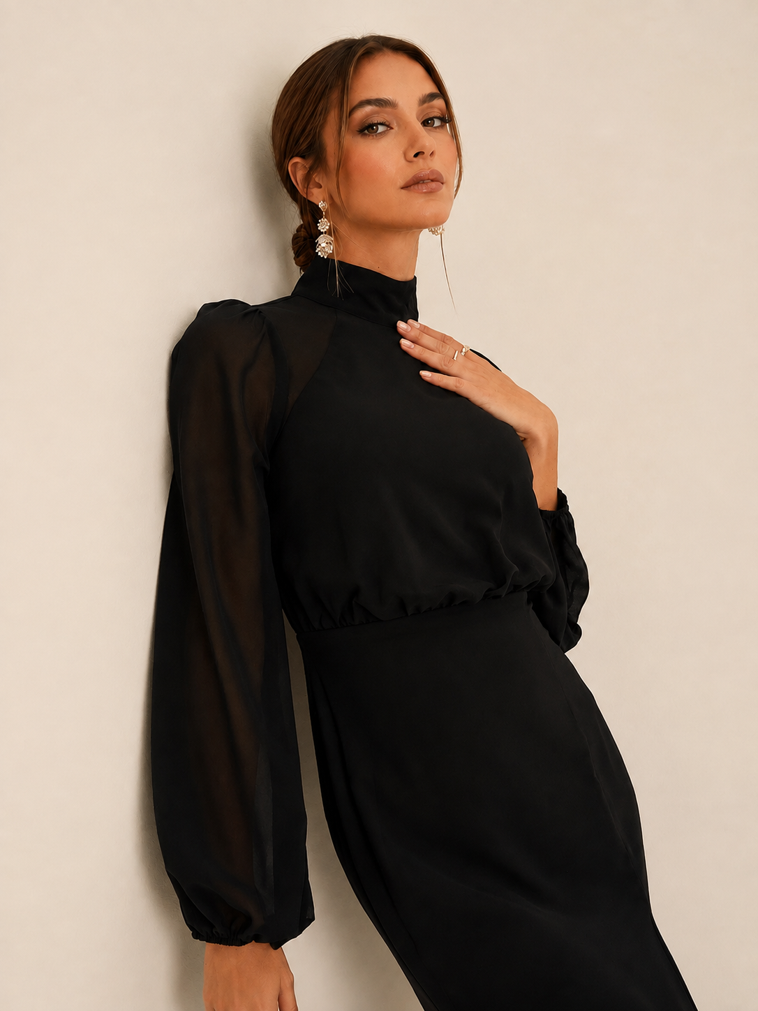 High Neck Sheer Puff Sleeve Slit Midi Dress for Elegant Evenings