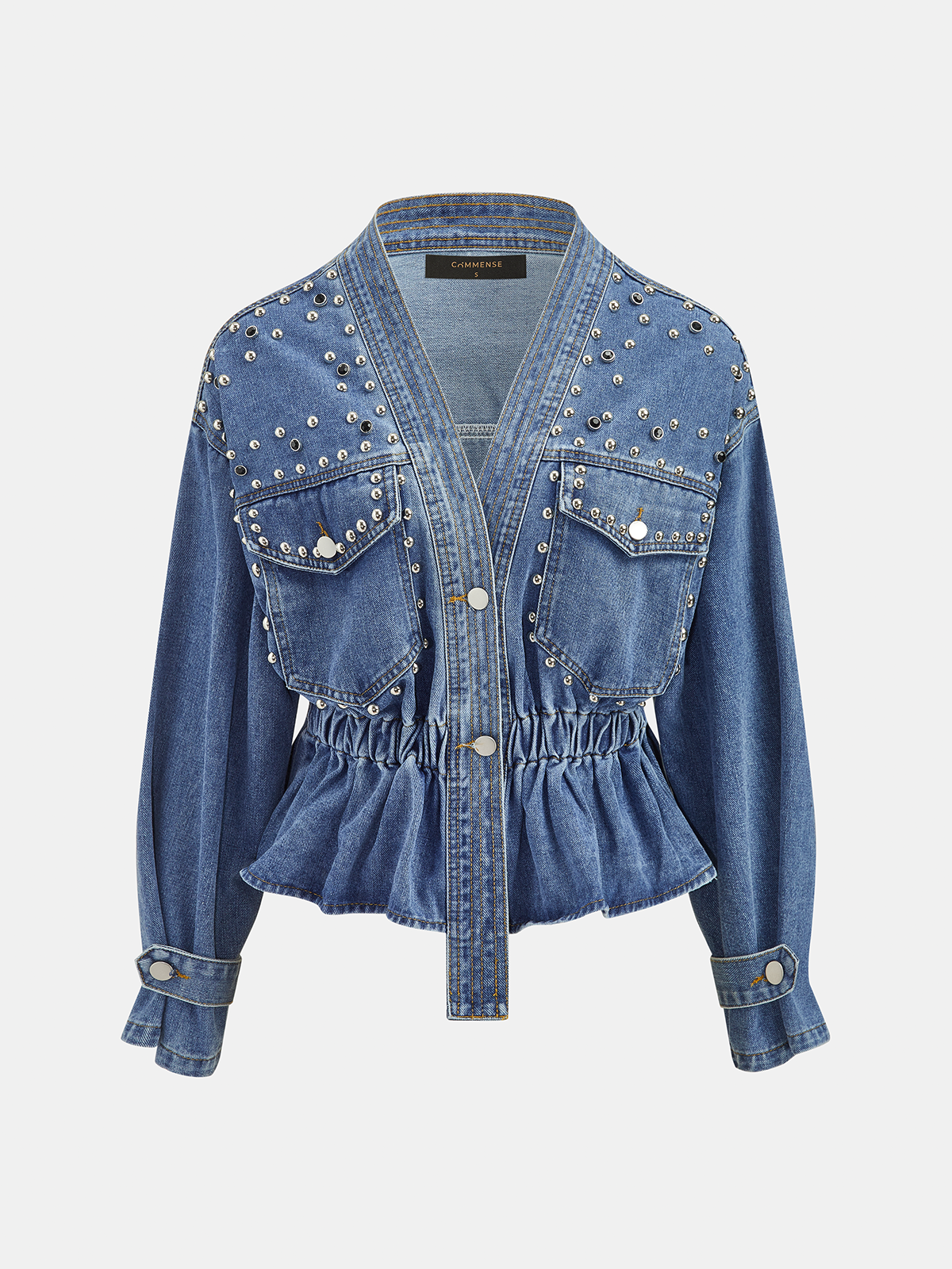 Studded Cinched Peplum Denim Jacket Women's Fashion Outerwear