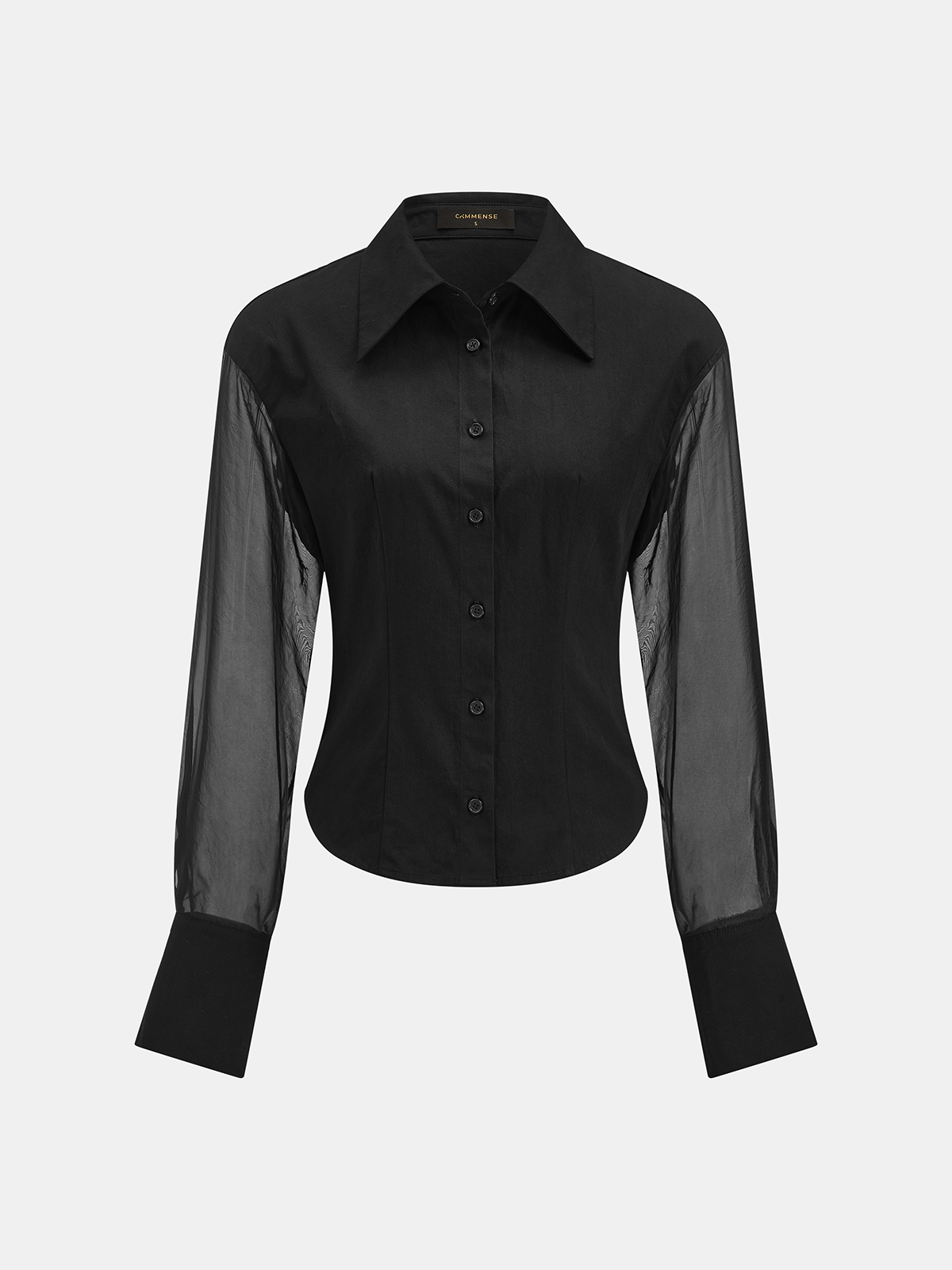Sheer Sleeve Fitted Button-Down Shirt Classic Women’s Tailored Office Wear