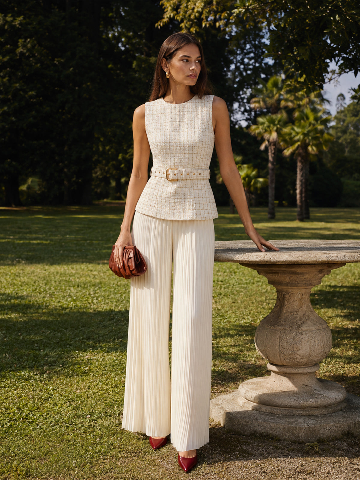 Belted Tweed Vest & Pleated Pants Set for Formal Occasions
