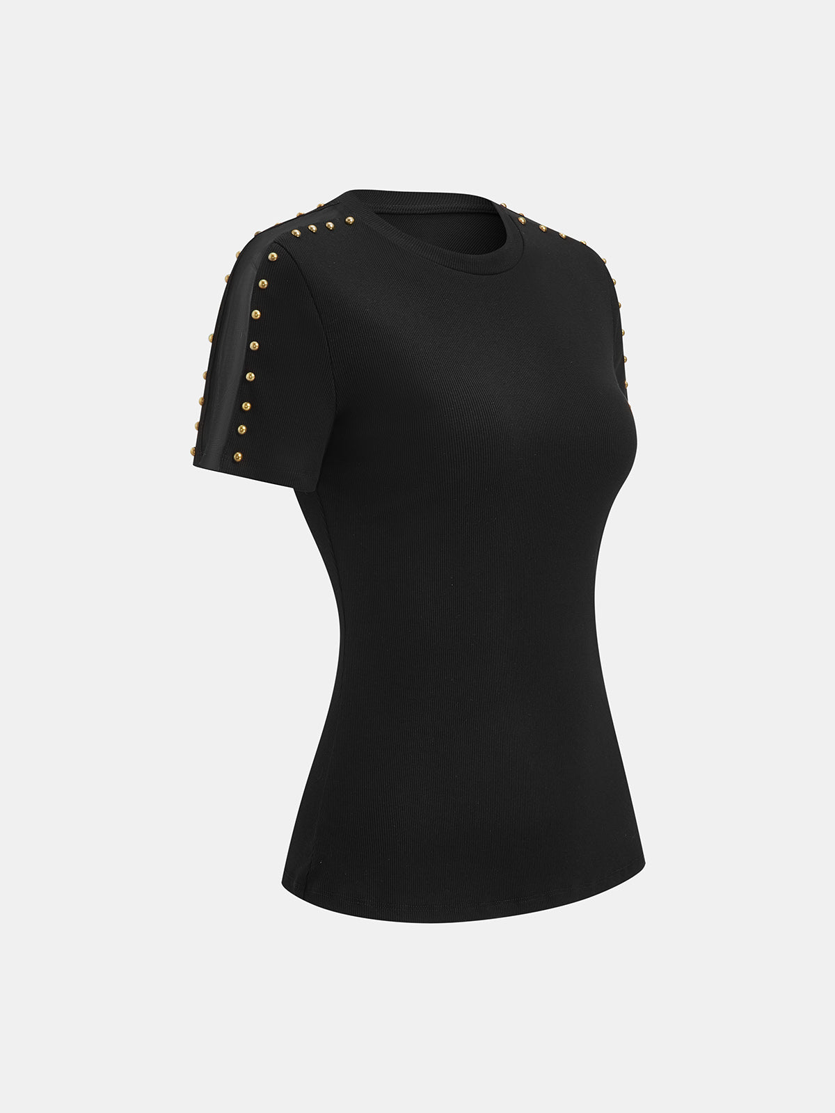 Studded Mesh Ribbed Short Sleeve T-Shirt Trendy Casual Streetwear