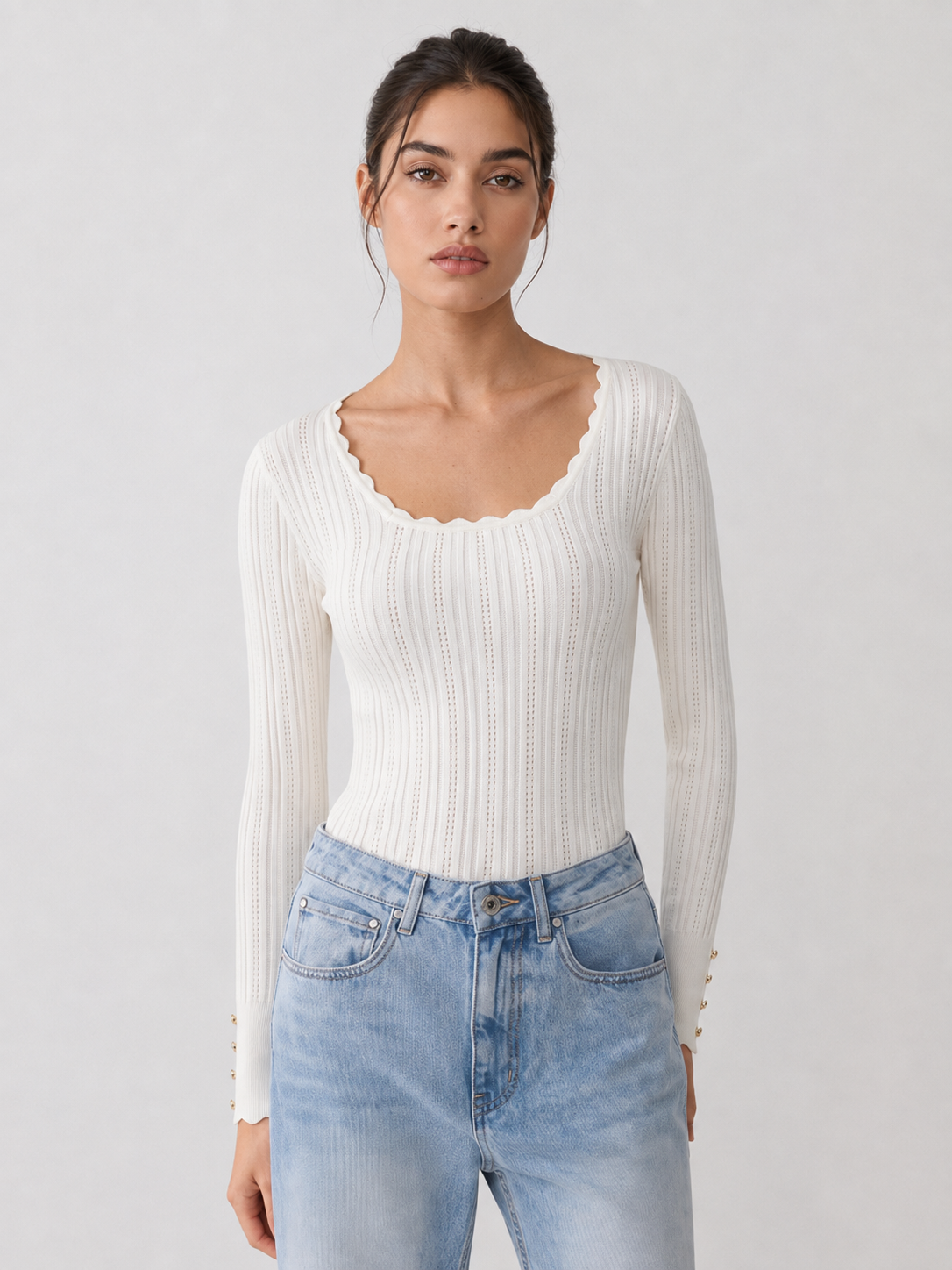 Scallop Trim Hollow Knit Top | Lightweight Casual Summer Wear
