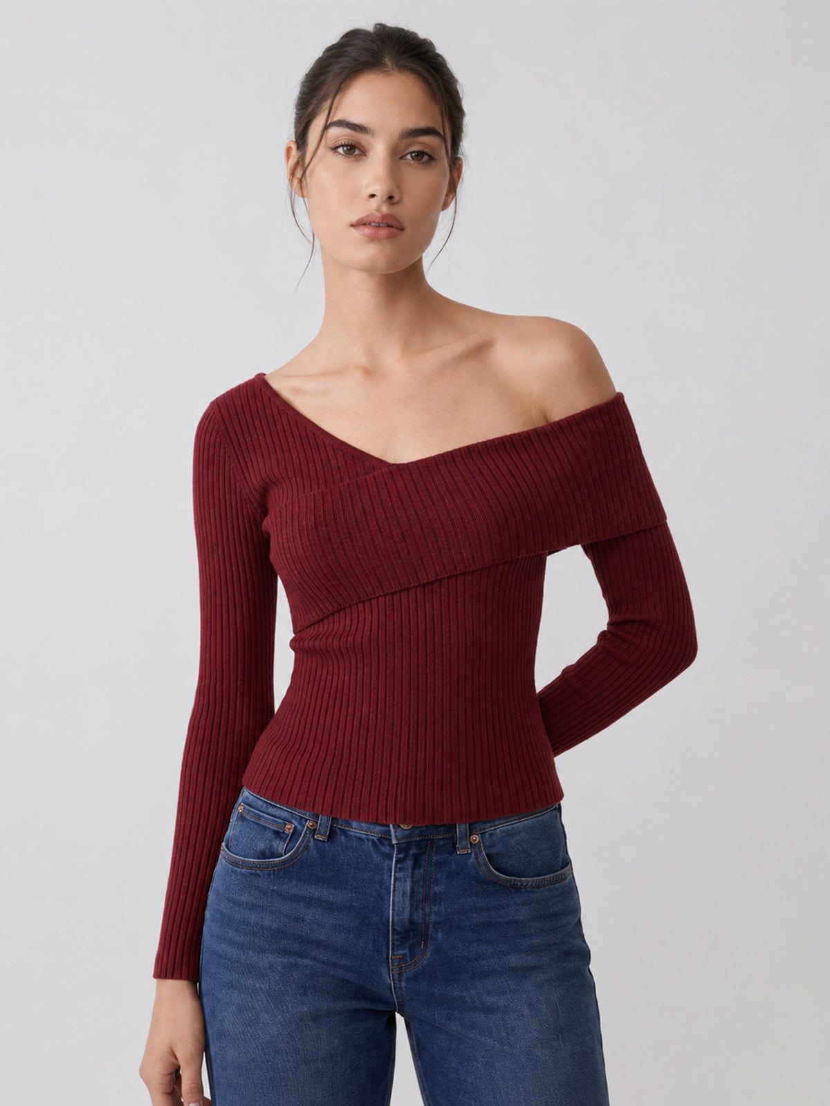 Off-Shoulder Ribbed Knit Long Sleeve Top for Women Casual Wear