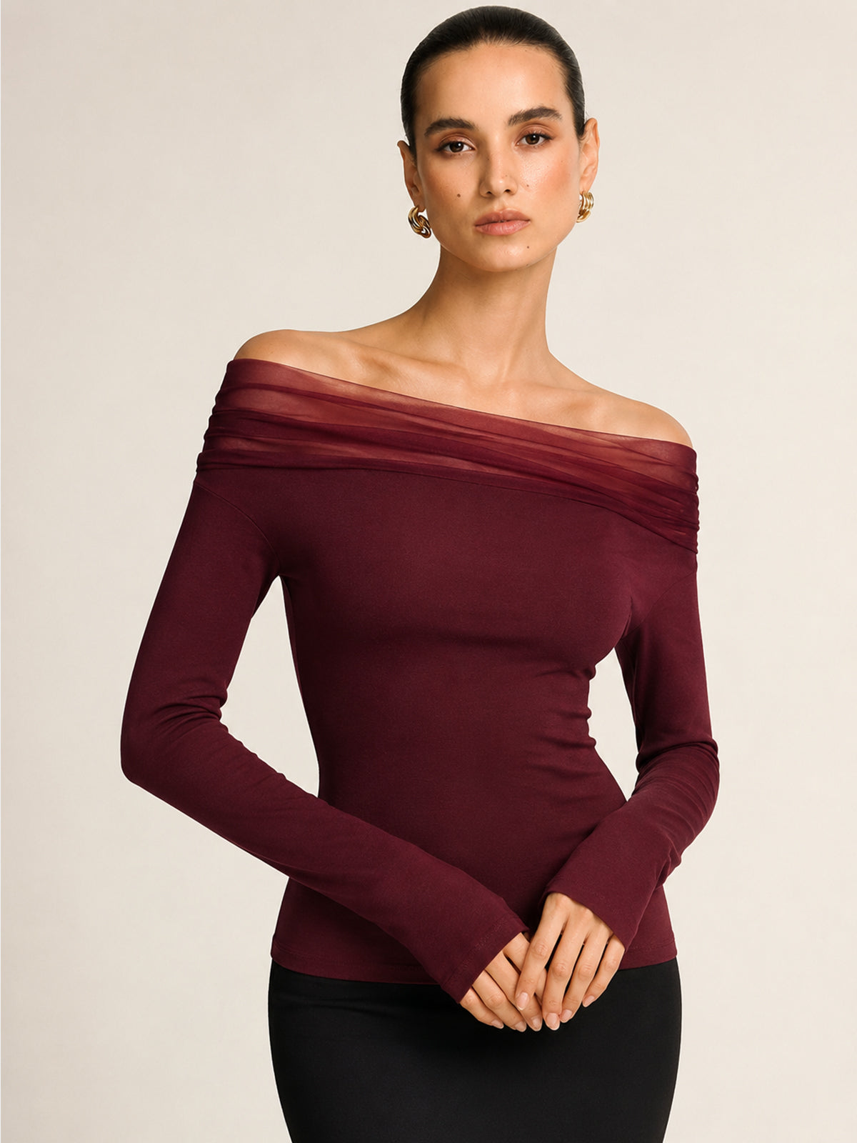 Mesh Spliced Off-Shoulder Fitted Blouse Elegant Women's Top for Evening Wear