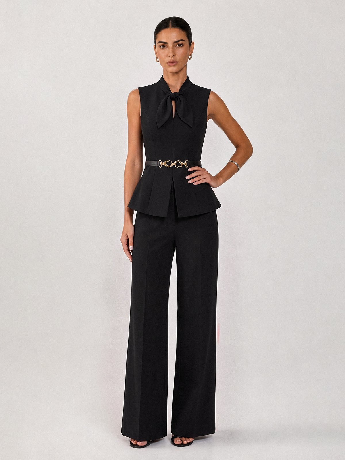 Bow Sleeveless Top & Wide Leg Pants Set - Trendy Women's Casual Outfit