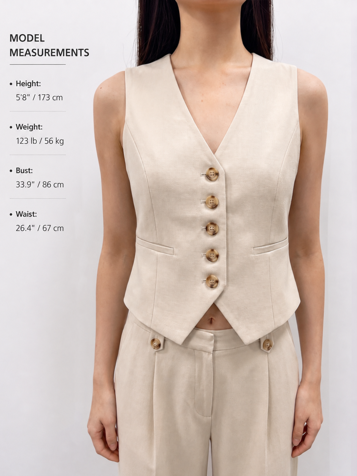 V-neck button-front cropped fitted vest and wide-leg trousers set, stylish women's business casual attire