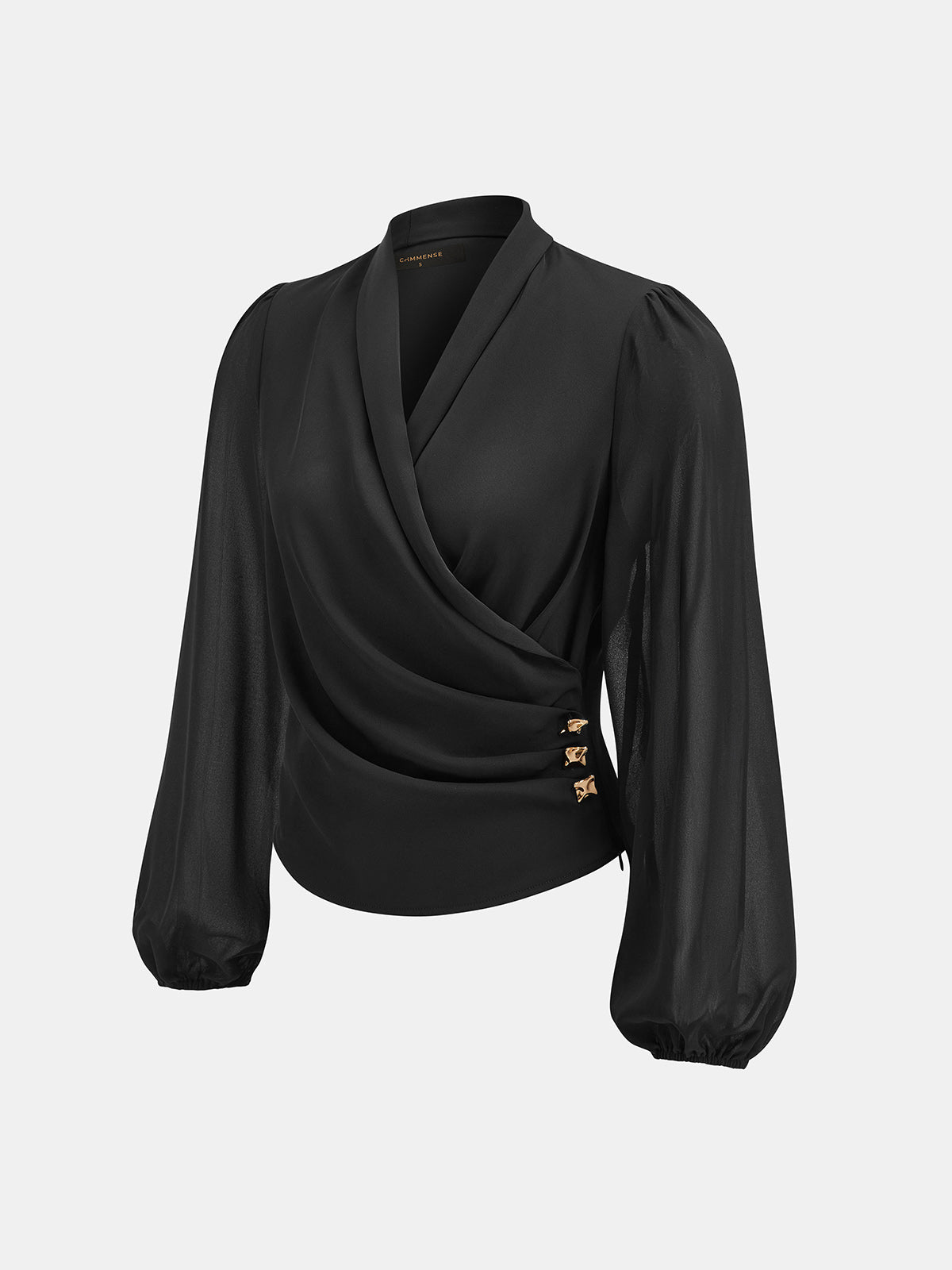 Metal Accent Sheer Sleeve Wrap Blouse for Women, Elegant Evening Wear