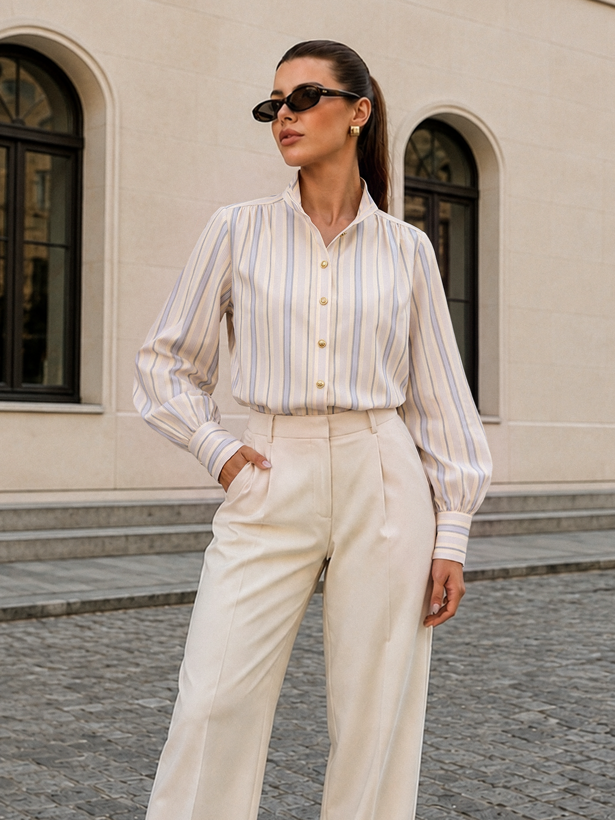 Striped Balloon Sleeve Button-Down Shirt Casual Office Wear