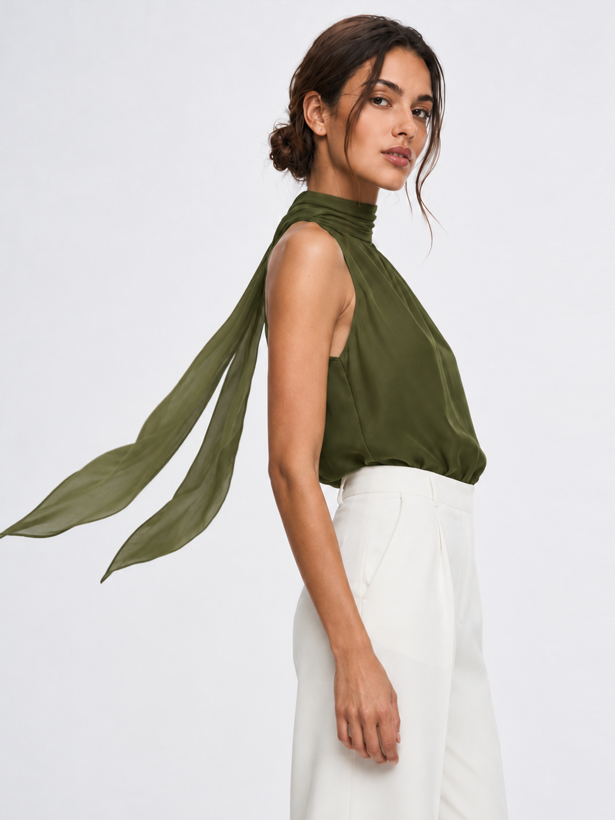 Flowy Ribbon Collar Chiffon Bodysuit with Elegant Long Sleeves
