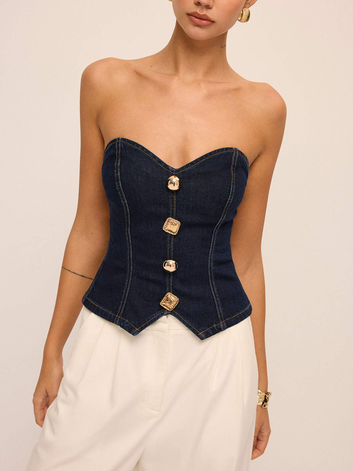 Metal Detail Strapless Denim Corset Top with Lace-Up Back