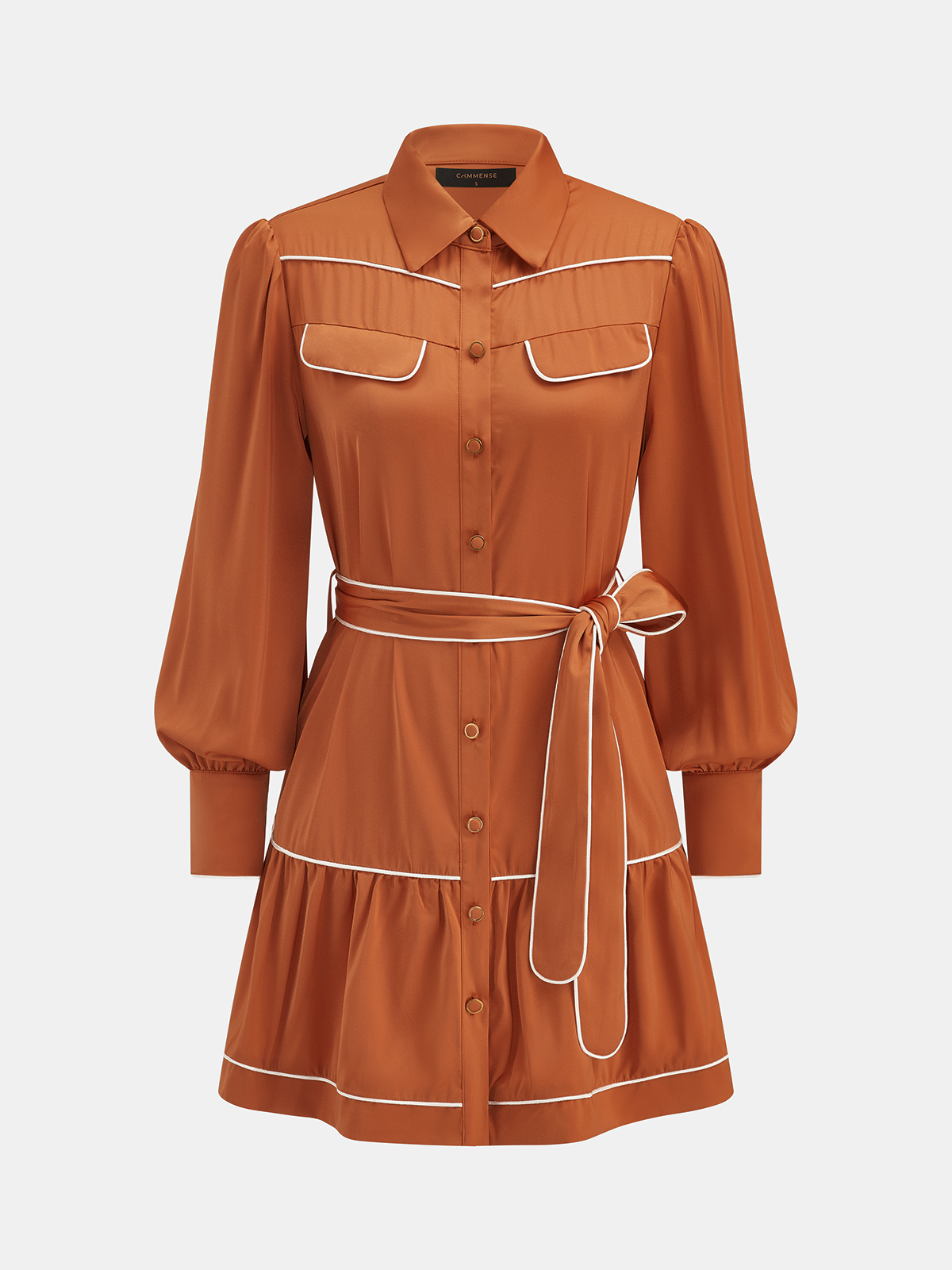 Contrast Piping Belted Satin Shirt Dress Women's Elegant Evening Wear