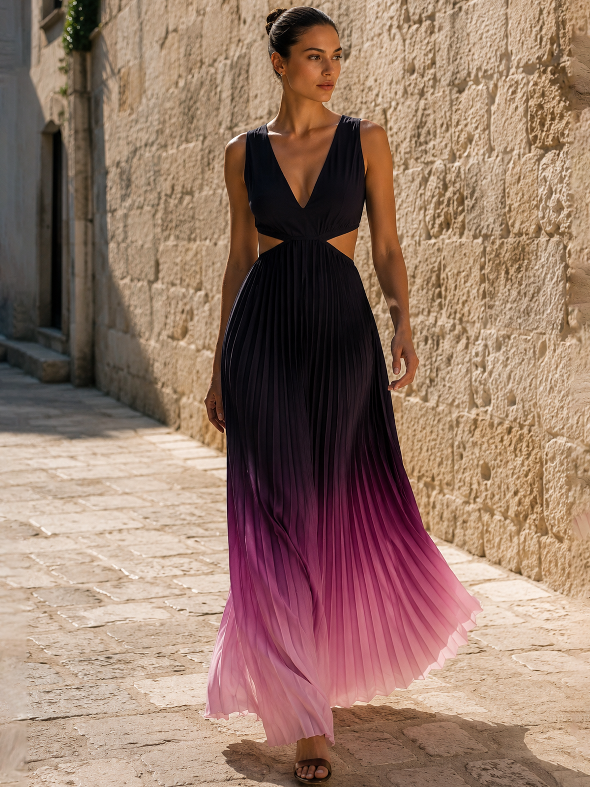 Gradient Pleated Cutout Waist Maxi Dress Elegant Flowy Evening Gown