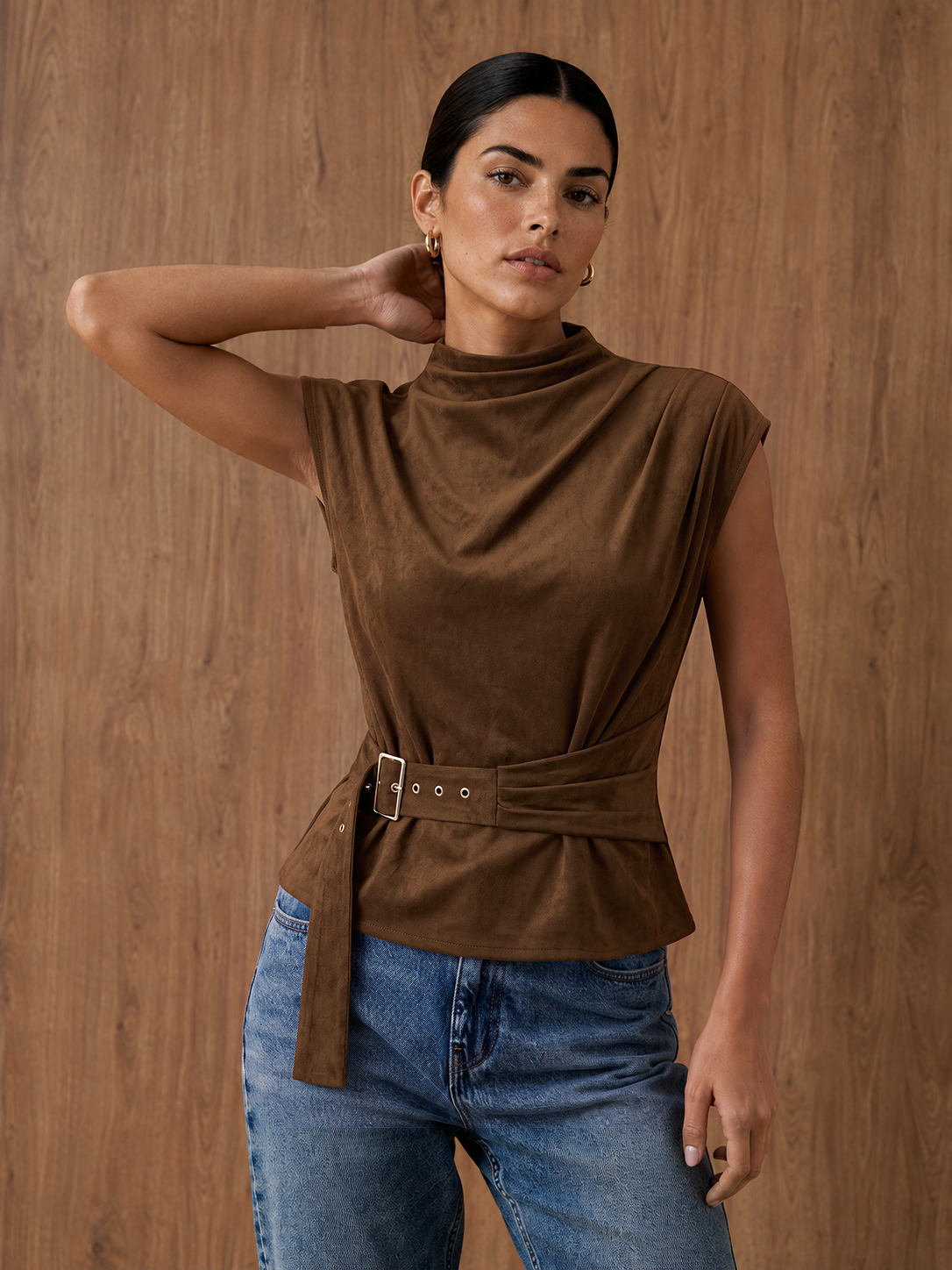 Buckle Waist Cap Sleeve Suede Effect Women's Blouse Casual Work Top