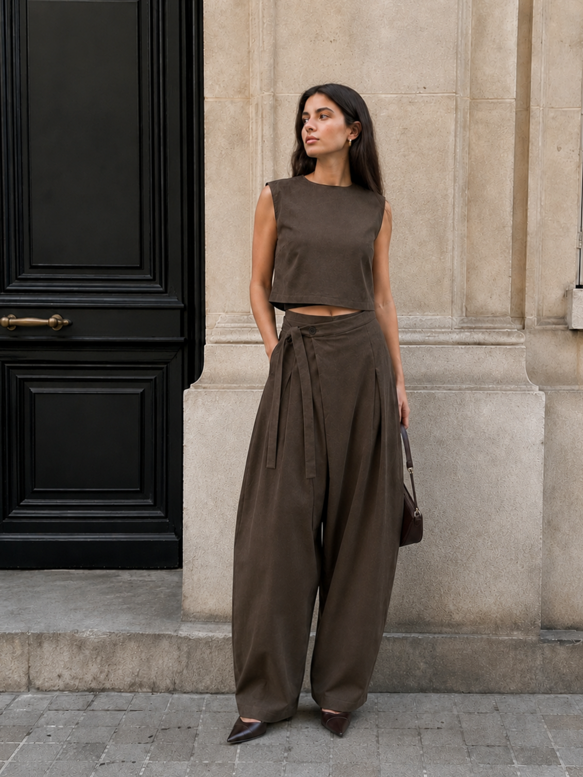 Cropped Tank Top & Tie Waist Barrel Pants Comfort Set for Women