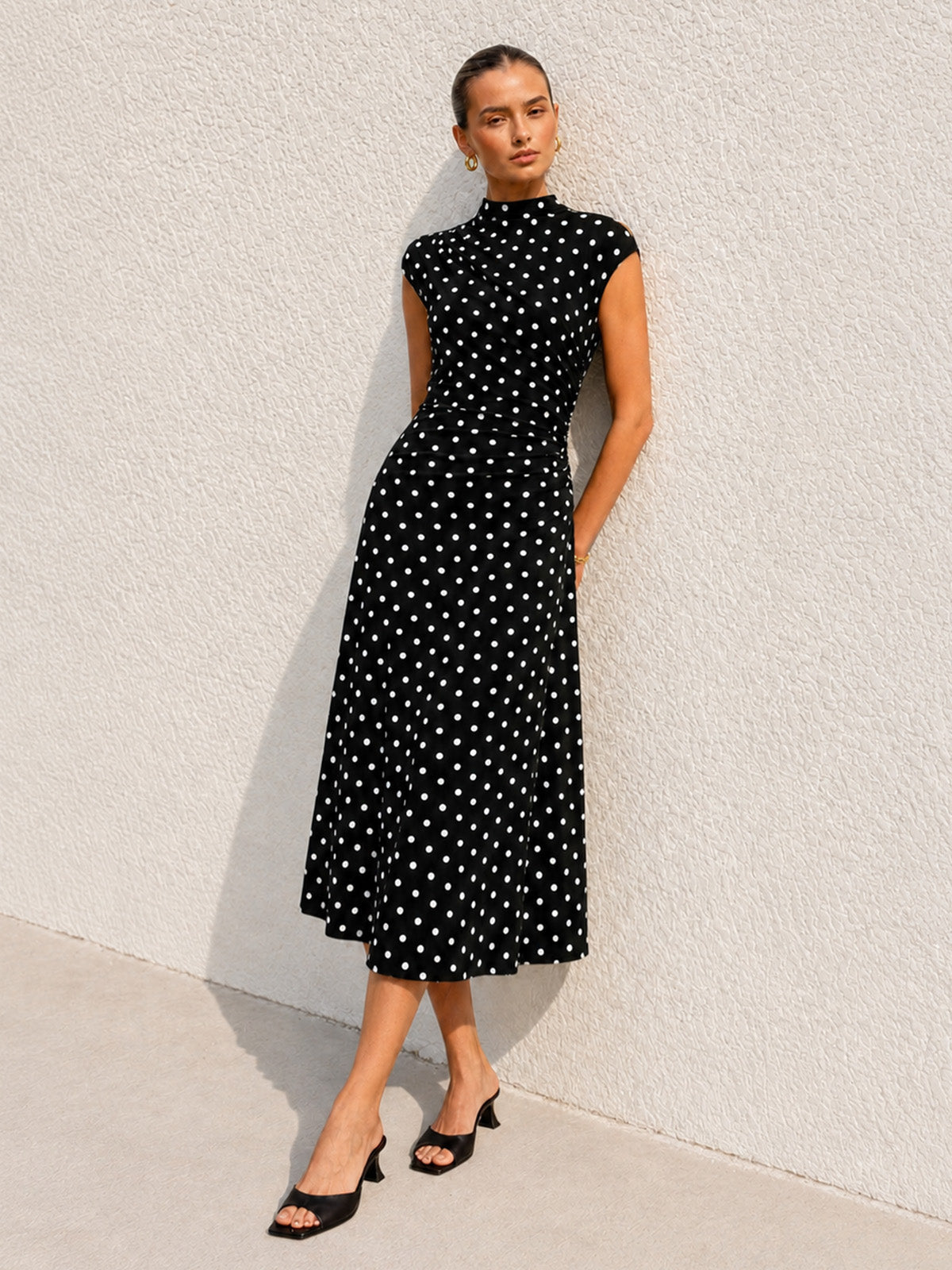 Polka Dot Cap Sleeve Midi Flare Dress Vintage Inspired Design