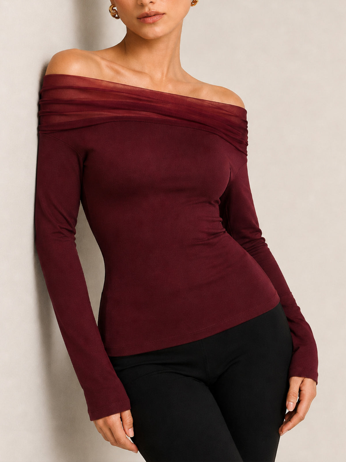 Mesh Spliced Off-Shoulder Fitted Blouse Elegant Women's Top for Evening Wear