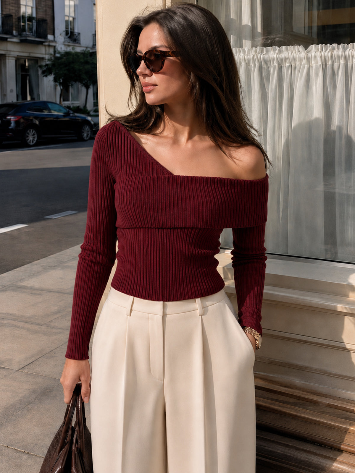 Off-Shoulder Ribbed Knit Long Sleeve Top for Women Casual Wear