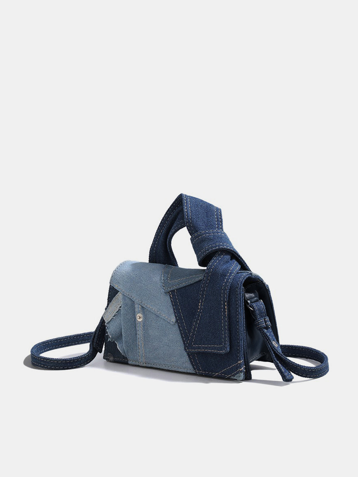 Patchwork Denim Knotted Crossbody Handbag with Adjustable Strap