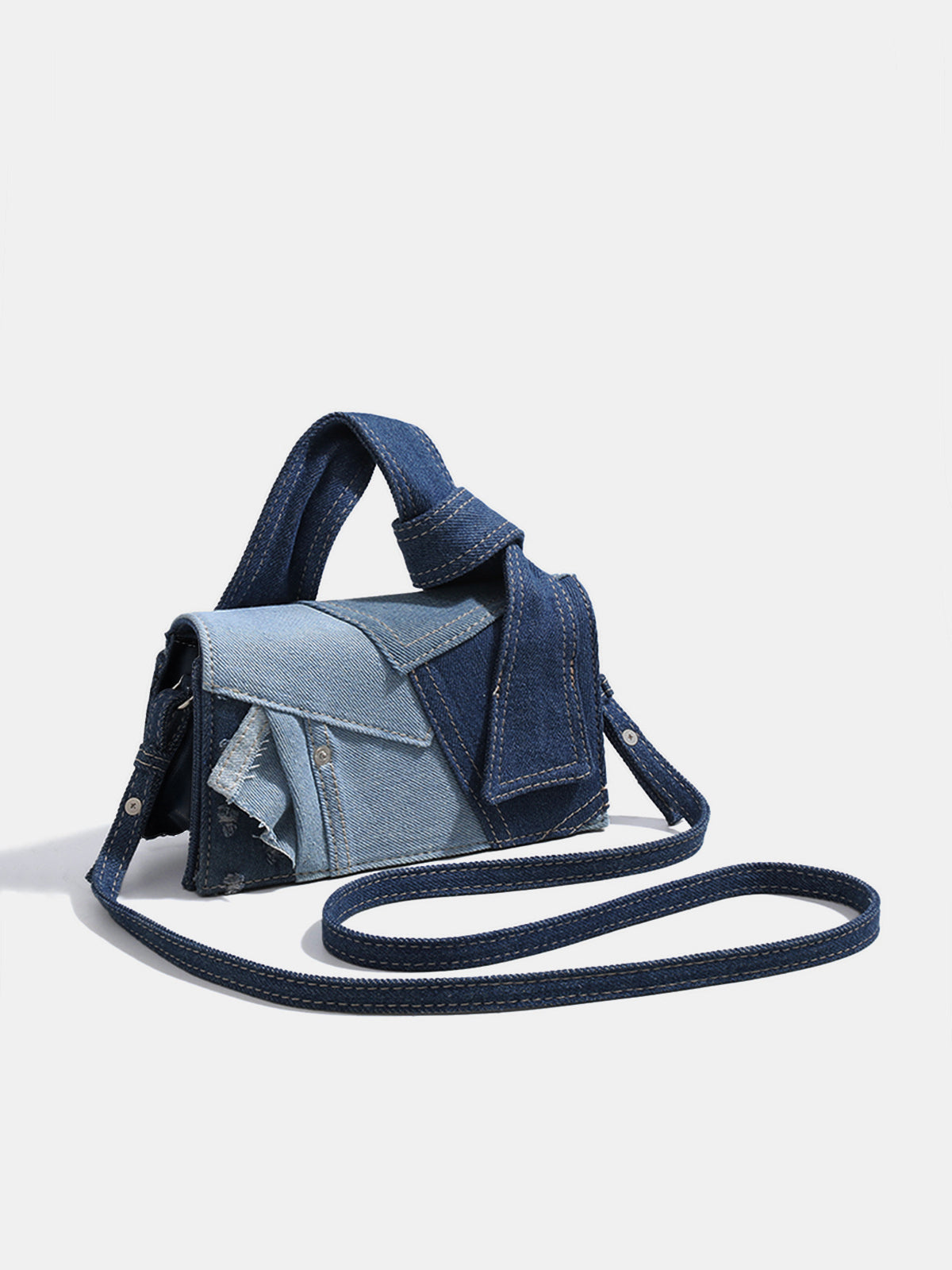Patchwork Denim Knotted Crossbody Handbag with Adjustable Strap