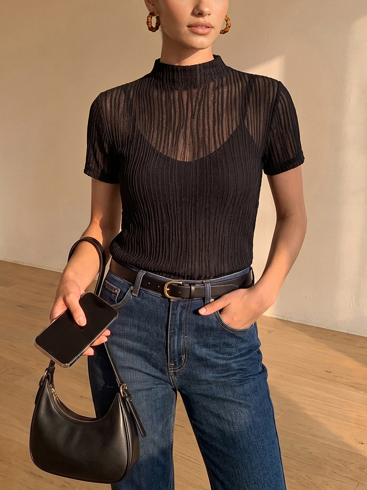 Sheer Mock Neck Top & Cami Top Two Piece Set for Women Layered Look