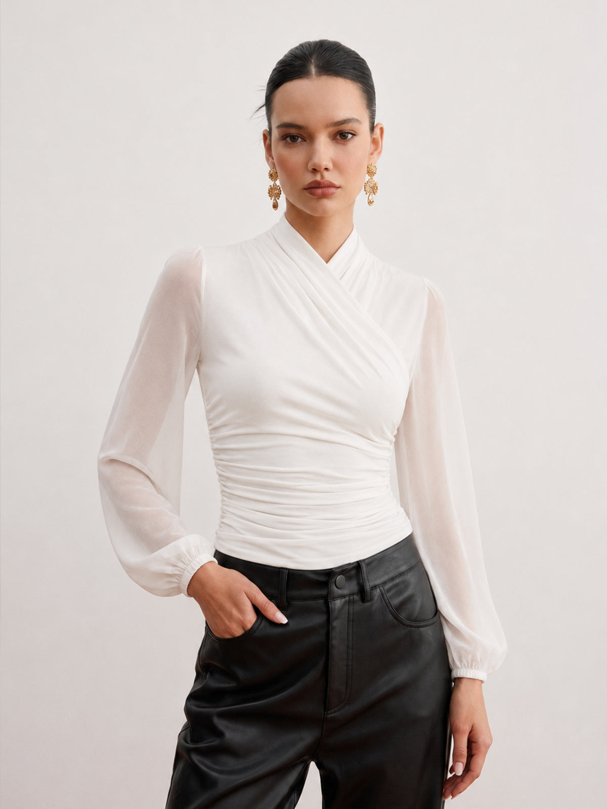 Semi-Sheer Ruched Wrap Lantern Sleeve Blouse Trendy Women's Fashion Top