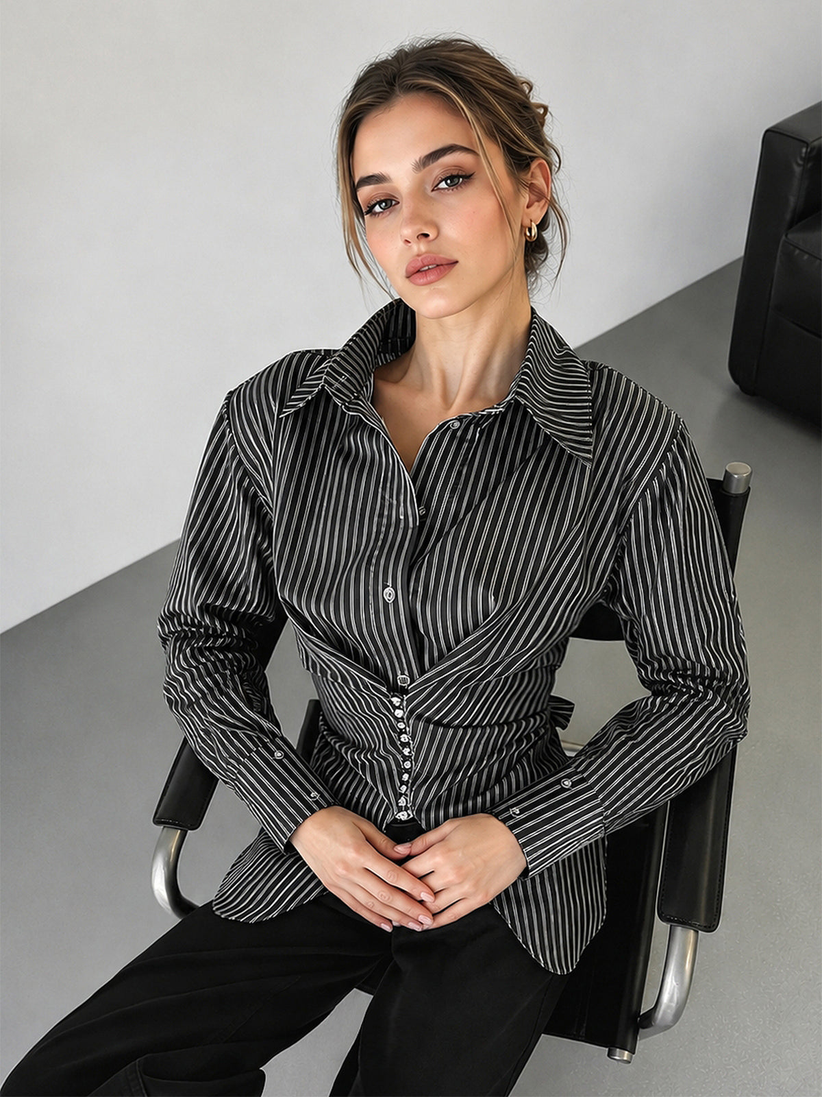 Striped Tie-Back Cotton Long Sleeve Shirt for Women Casual Fit